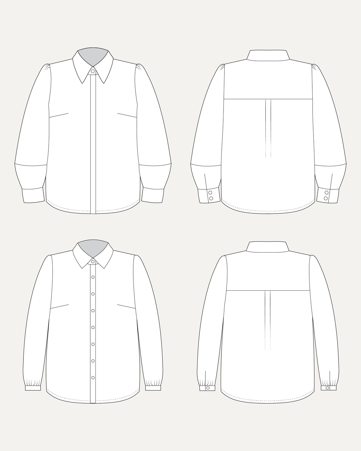 Cashmerette Vernon Shirt PDF sewing pattern, line drawing of a shirt from front, back, and side views