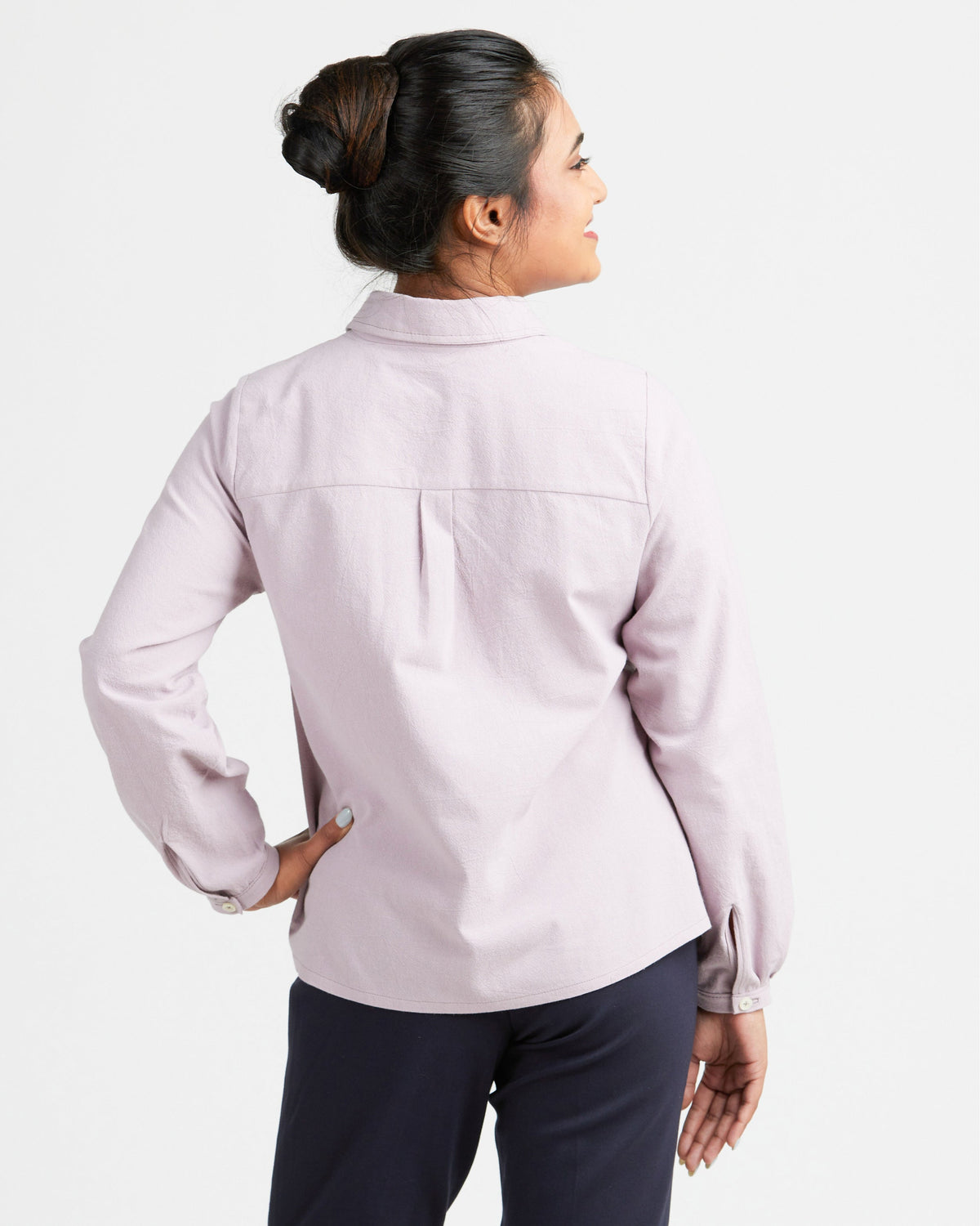 Cashmerette Vernon Shirt PDF sewing pattern, woman wearing a light purple jacket