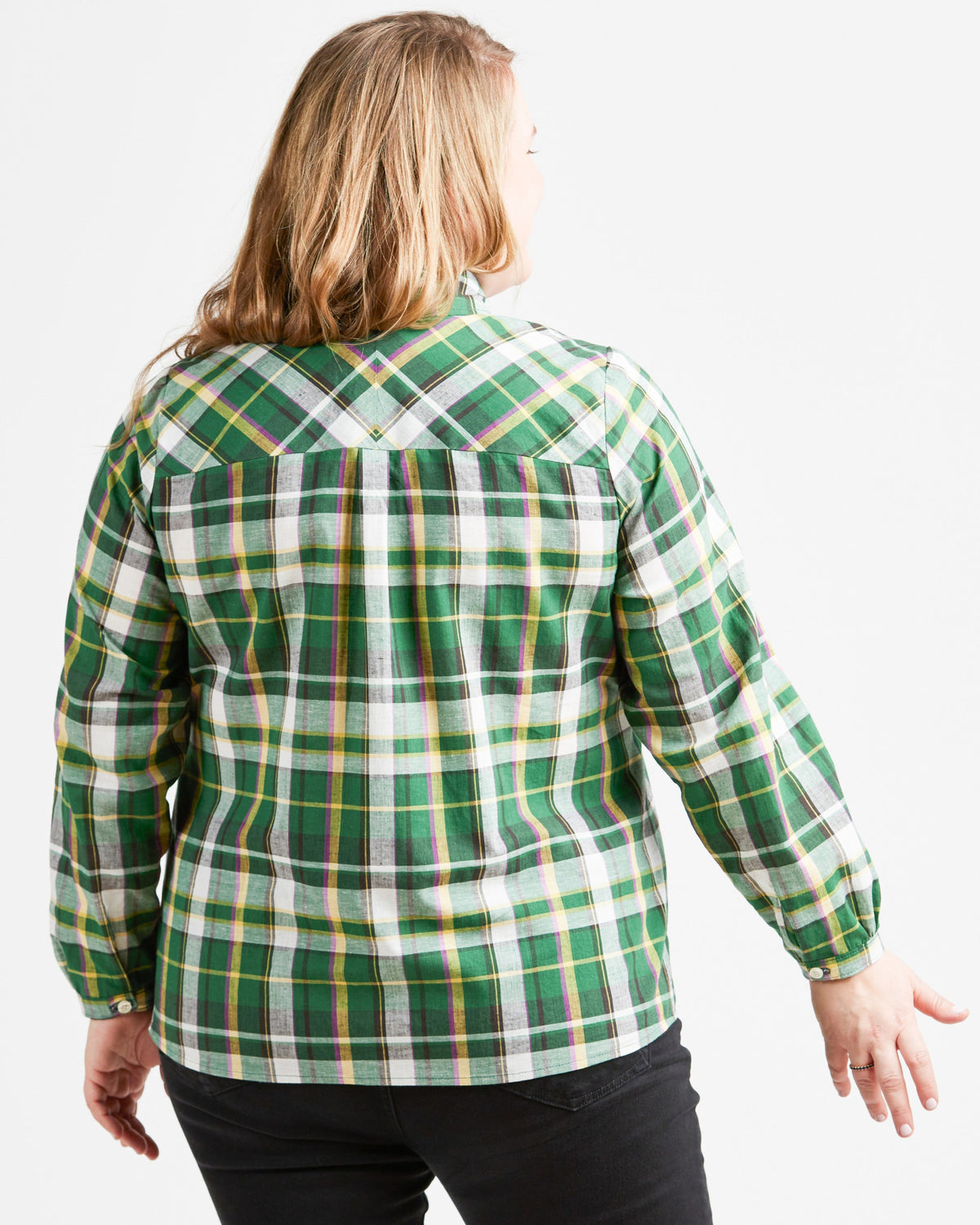 Cashmerette Vernon Shirt PDF sewing pattern, person wearing a green plaid shirt