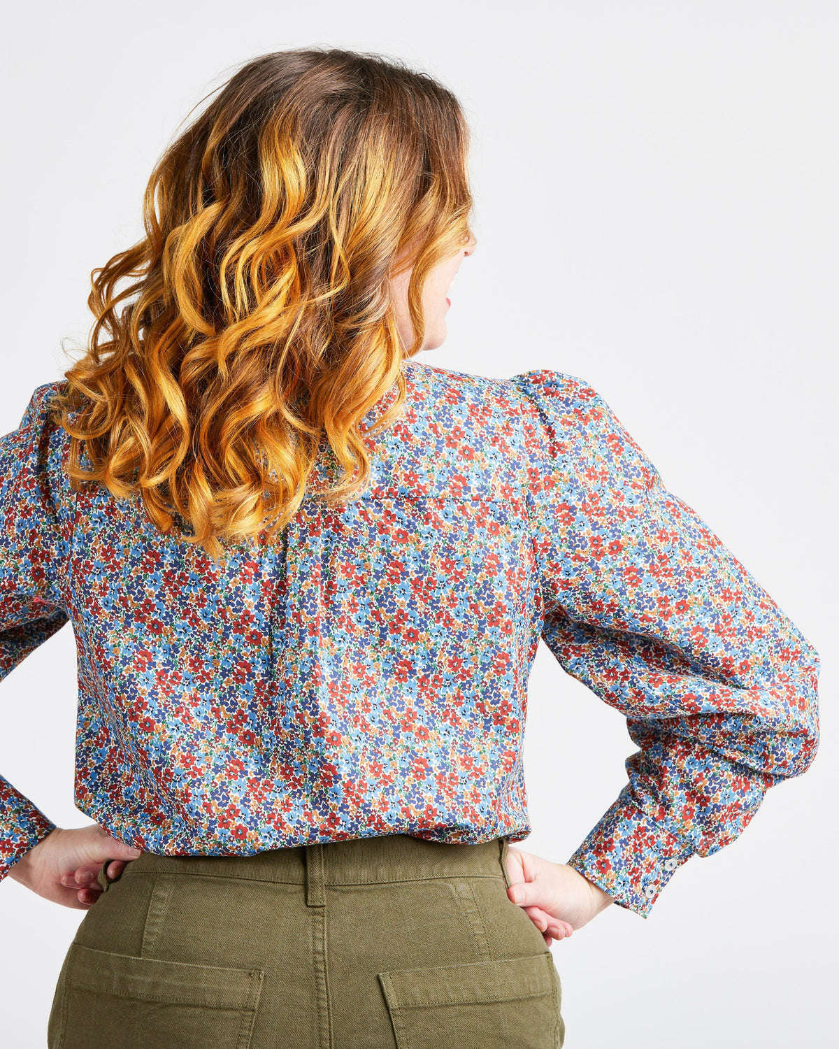 Cashmerette Vernon Shirt PDF sewing pattern, woman wearing a floral blouse with long sleeves