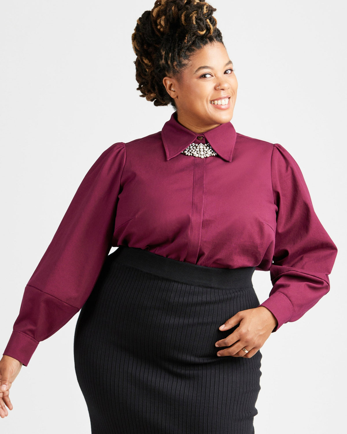 Cashmerette Vernon Shirt PDF sewing pattern, woman wearing a burgundy blouse with a decorative collar
