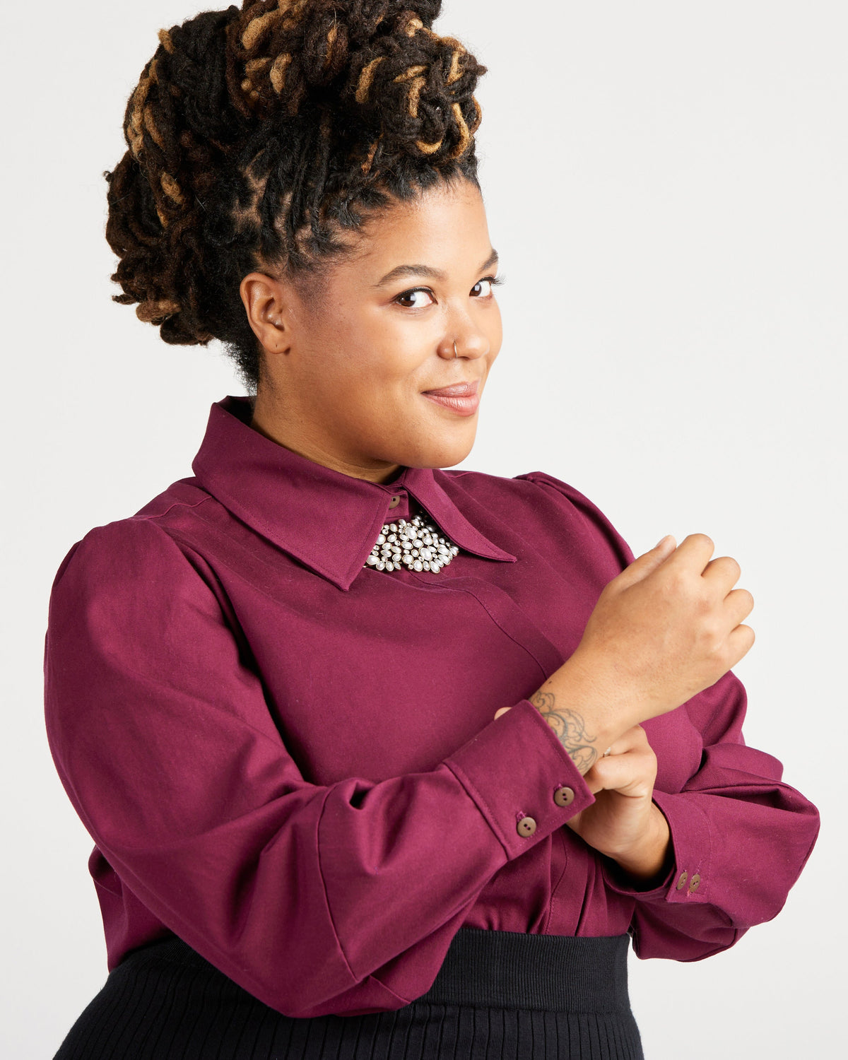 Cashmerette Vernon Shirt PDF sewing pattern, woman wearing a burgundy shirt