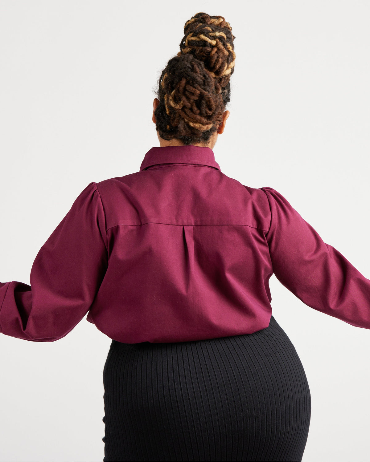 Cashmerette Vernon Shirt PDF sewing pattern, person wearing a burgundy shirt with long sleeves