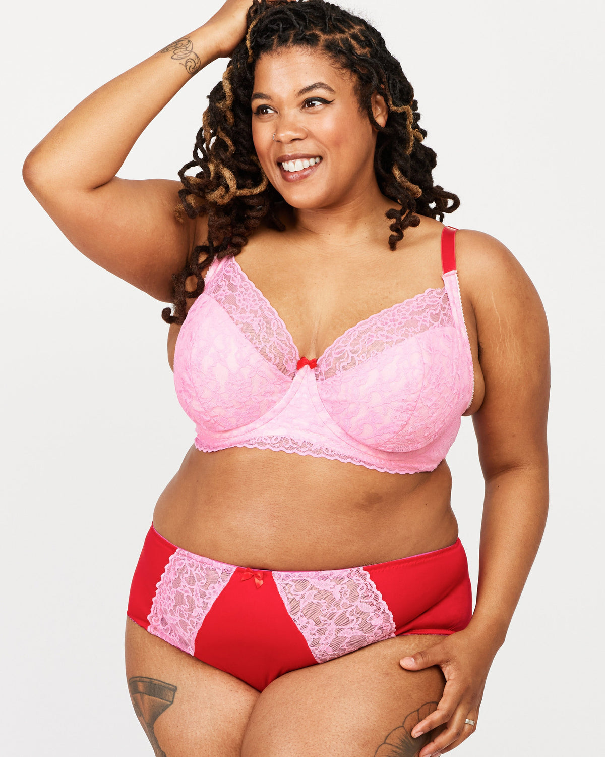 Cashmerette Willowdale Bra PDF sewing pattern, woman wearing a pink and red lingerie set