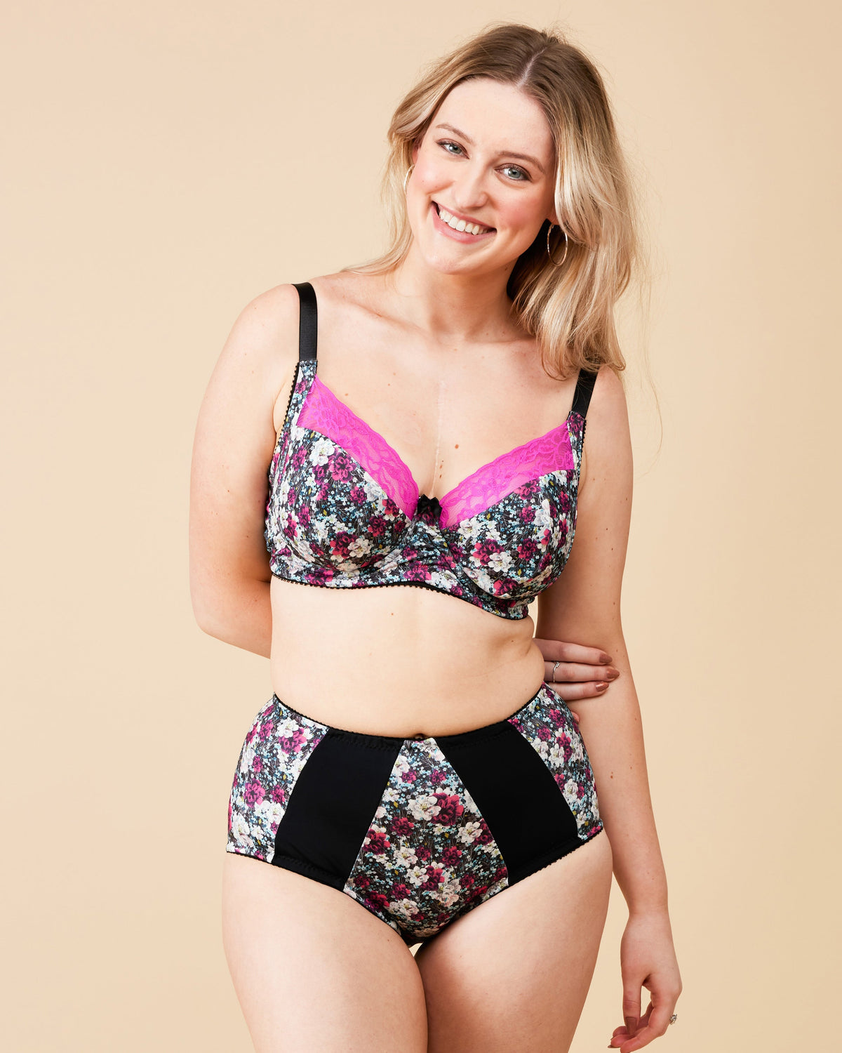 Cashmerette Willowdale Bra PDF sewing pattern, woman wearing a floral lingerie set
