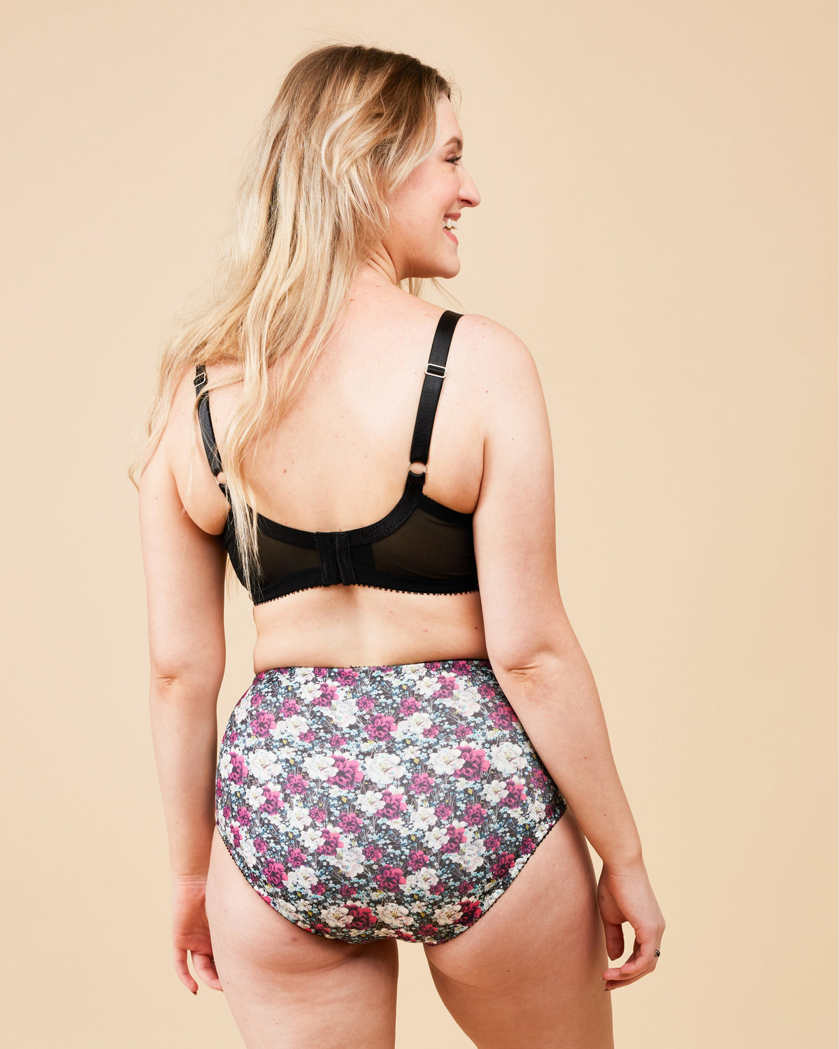 Cashmerette Willowdale Bra PDF sewing pattern, woman wearing a black bra and floral high-waisted underwear