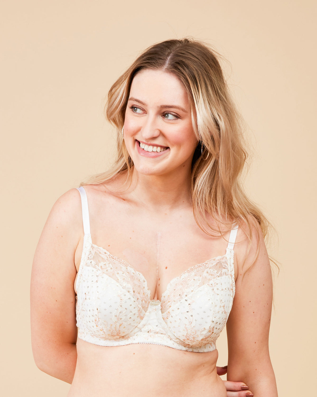 Cashmerette Willowdale Bra PDF sewing pattern, woman wearing a white lace bra, back view