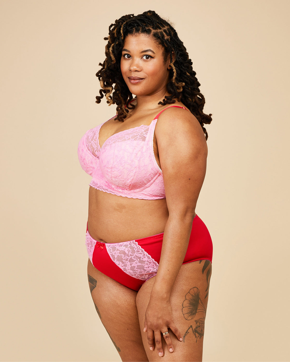 Cashmerette Willowdale Bra PDF sewing pattern, woman wearing a pink lace bralette and red high-waisted underwear