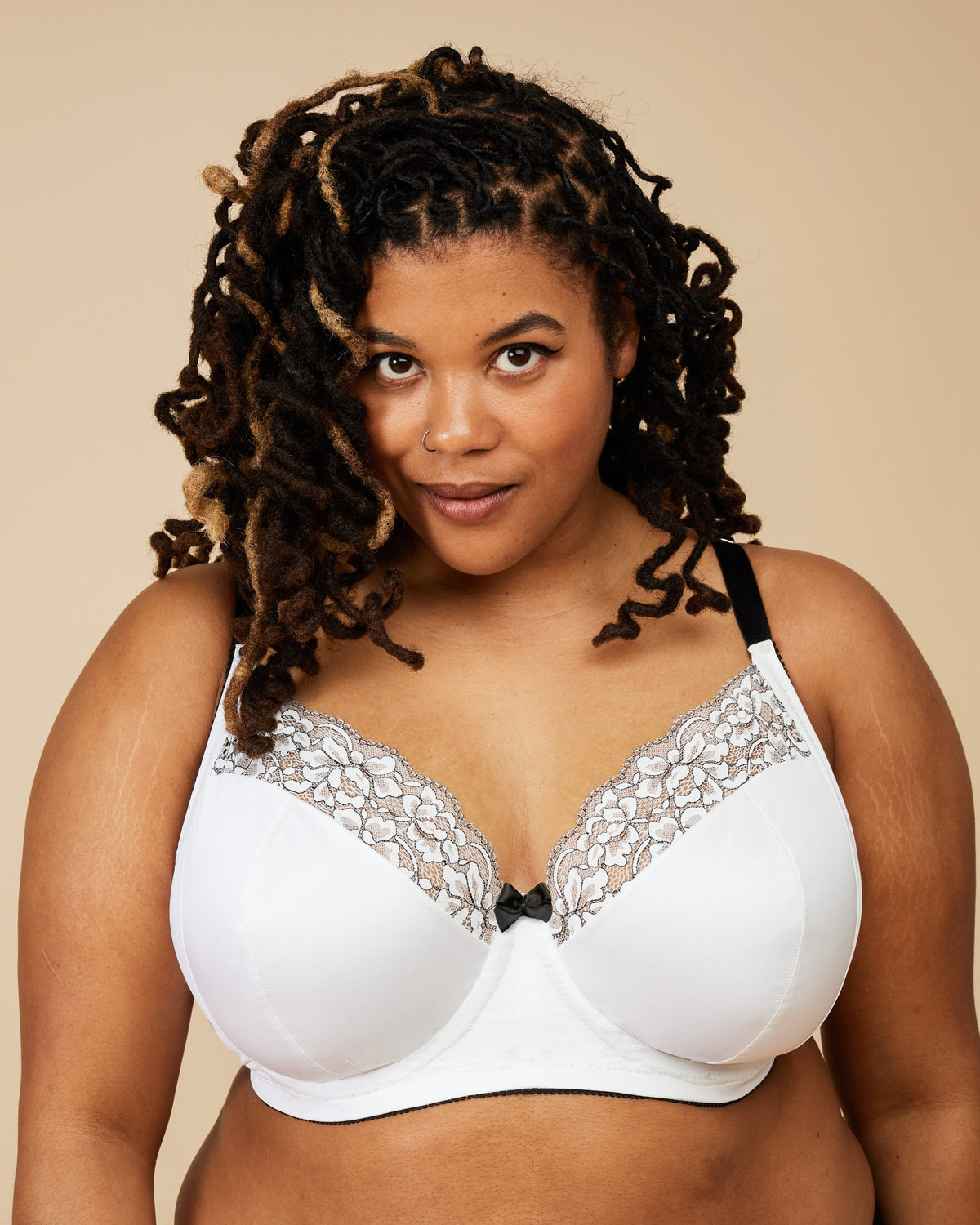 Cashmerette Willowdale Bra PDF sewing pattern, woman wearing a white bra with lace details