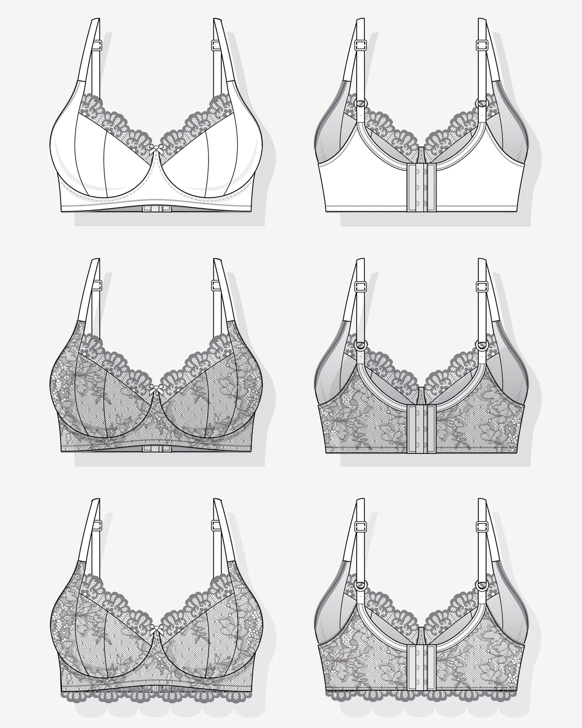 Cashmerette Willowdale Bra PDF sewing pattern, technical drawings of various types of bras