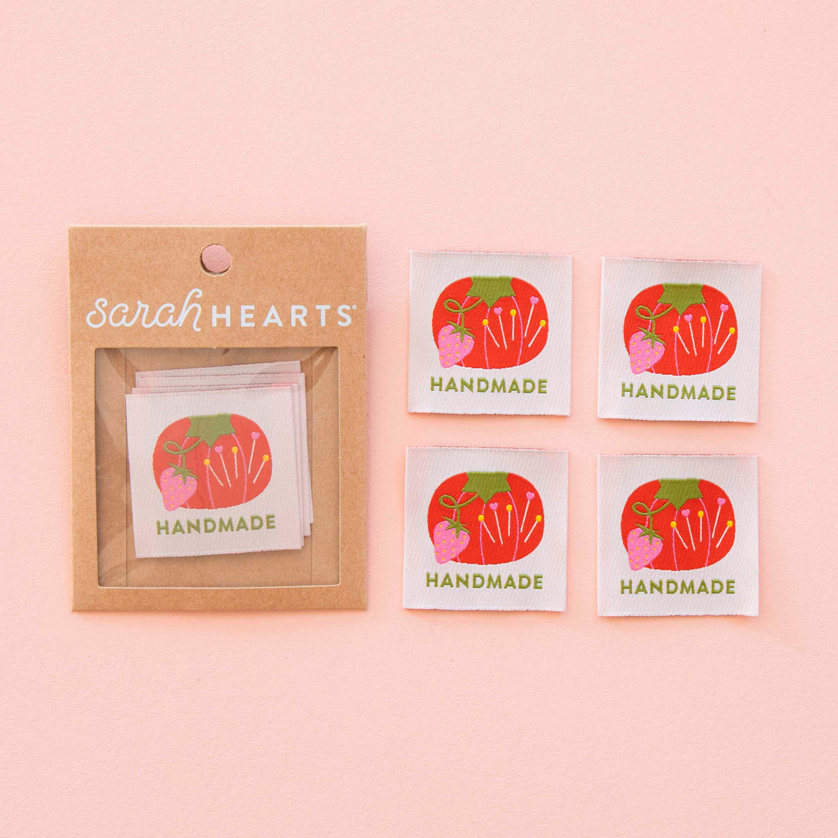 Sarah Hearts tomato pincushion Handmade large woven sewing labels in a kraft pack with loose labels