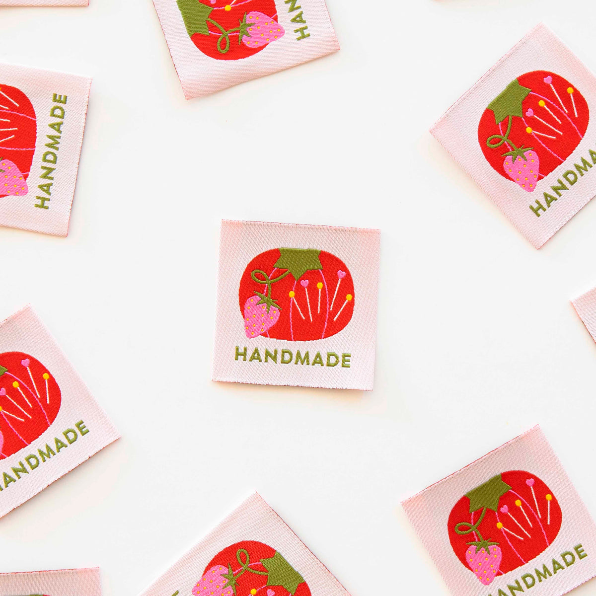 Sarah Hearts tomato pincushion Handmade woven labels scattered, sew-in clothing labels for handmade items
