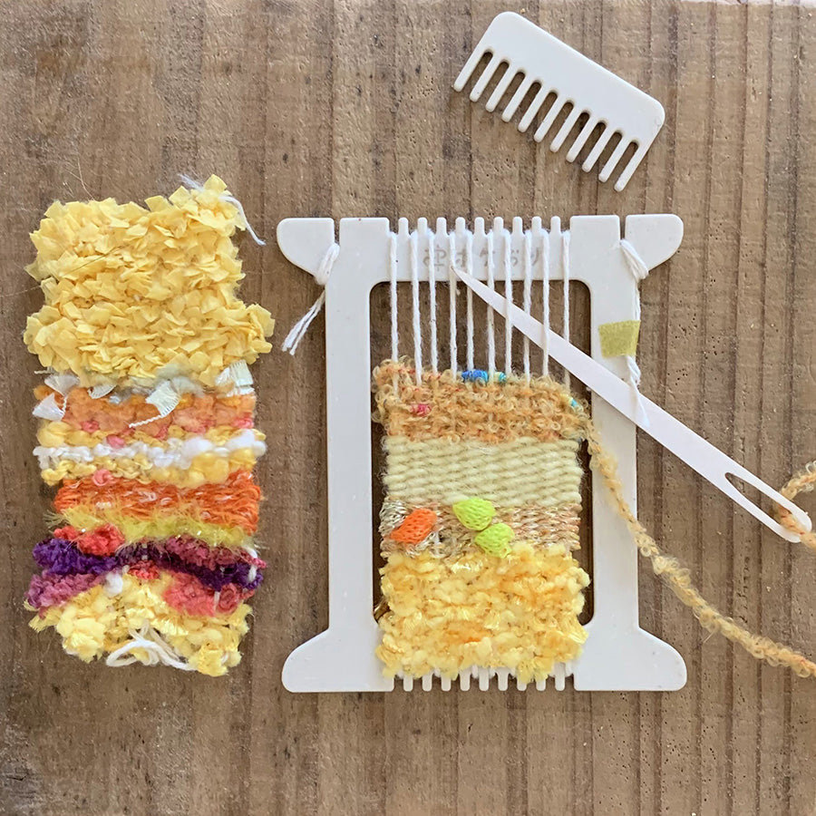 Cohana Pokeori mini loom weaving kit, with yellow and orange yarns